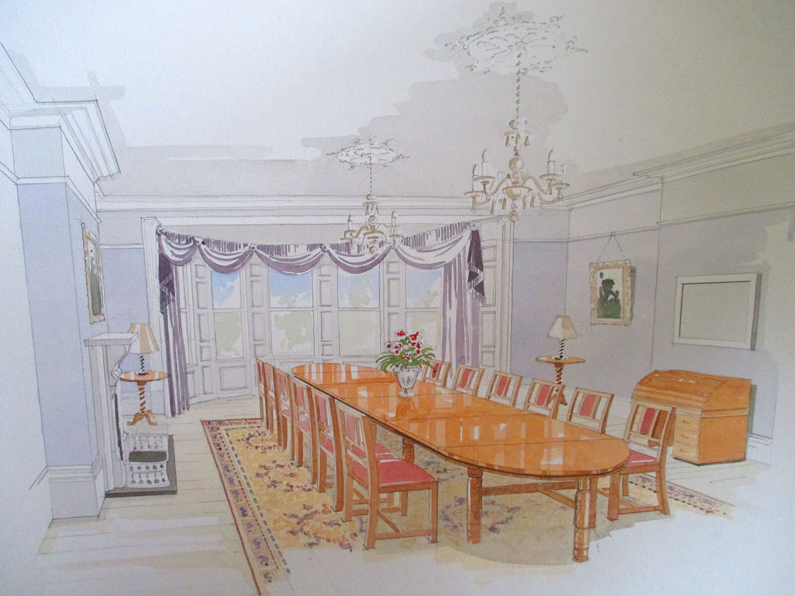 Watercolour created to demonstrate interior of conference suite, The Mansion House, Clifton, Bristol. - i.d.space